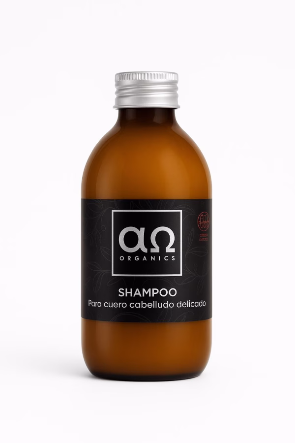 Champú orgánico AO Organics para cuero cabelludo delicado que calma, hidrata y limpia con suavidad respetando la sensibilidad del cabello.