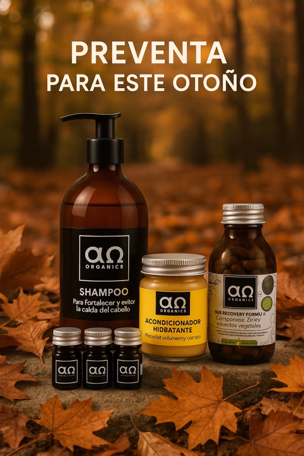 "Productos AO Organics línea anti caída en preventa otoño, rodeados de hojas secas en un ambiente natural".